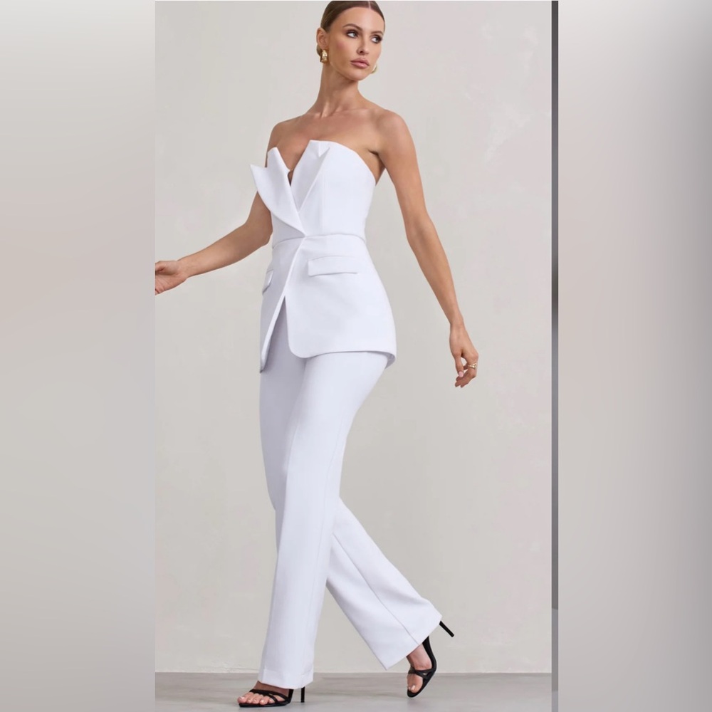 WHITE STRAPLESS BLAZER-INSPIRED STRAIGHT-LEG JUMPSUIT
